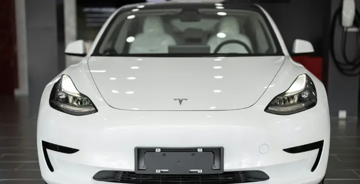 White Tesla Model 3 electric car.